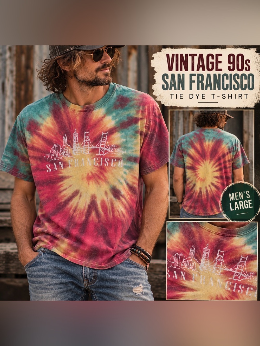 Vintage 90s grunge band - Tie-Dye - upcycled- San Francisco Skyline Tee -large